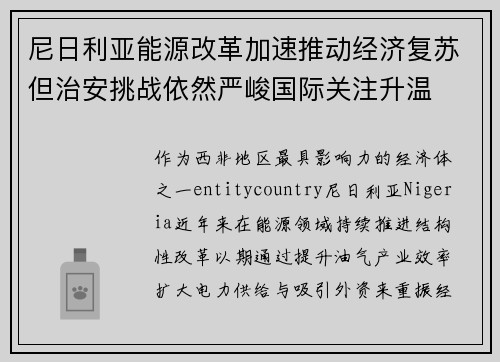 尼日利亚能源改革加速推动经济复苏但治安挑战依然严峻国际关注升温